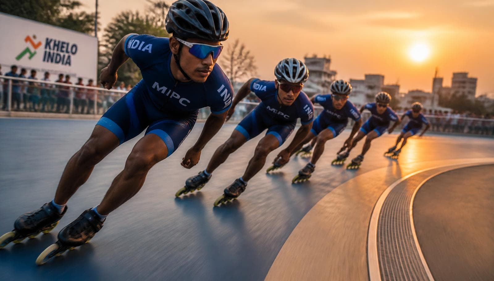 Speed skaters racing on an outdoor roller skating rink at sunset